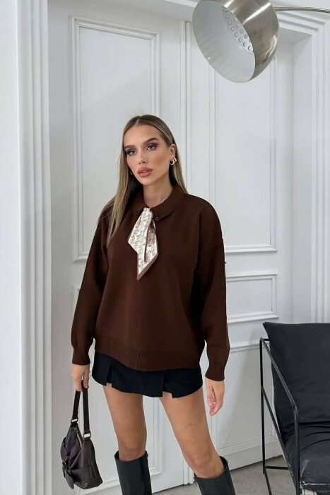 POLO NECK BUTTONED SCARF DETAIL WOMEN SWEATER BROWN/KAFE - KLAUDIO FASHION