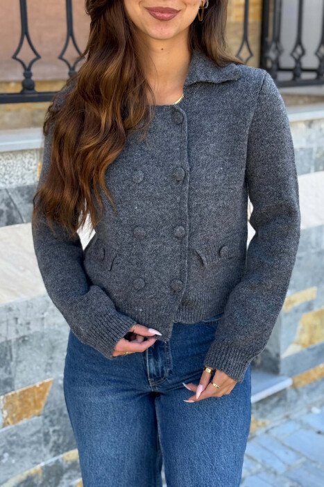 POLO NECK BUTTONED WOMEN CARDIGAN GREY/GRI - 2