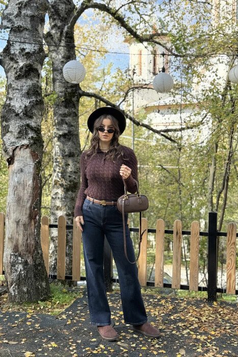 POLO NECK BUTTONED WOMEN SWEATER DARK BROWN/KAE - KLAUDIO FASHION