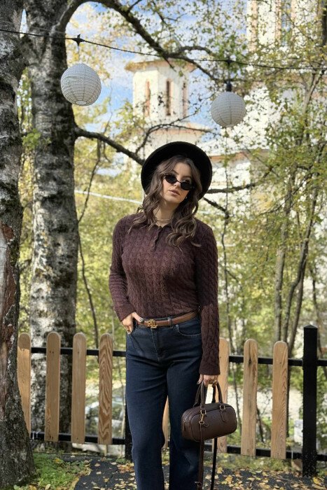 POLO NECK BUTTONED WOMEN SWEATER DARK BROWN/KAE - 2