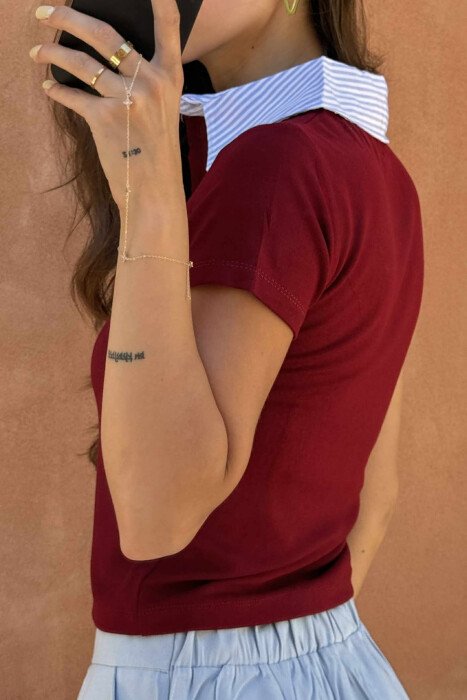 POLO NECK BUTTONED WOMEN T-SHIRT BURGUNDY/VISHNJE - 4