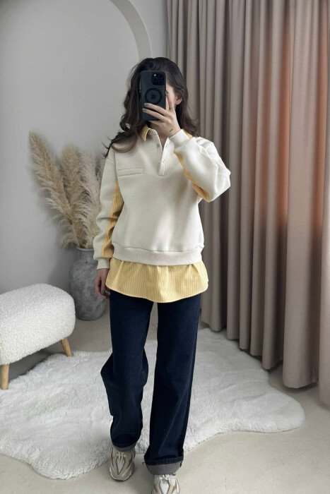 POLO NECK BUTTONS FLUFFY WOMEN SWEATSHIRT BEIGE/BEZHE - 1