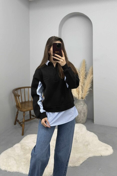 POLO NECK BUTTONS FLUFFY WOMEN SWEATSHIRT BLACK/ E ZEZE - 1