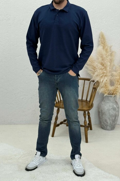 POLO NECK BUTTONS ONE COLOR MEN SWEATSHIRT BLUE/BLU - 1