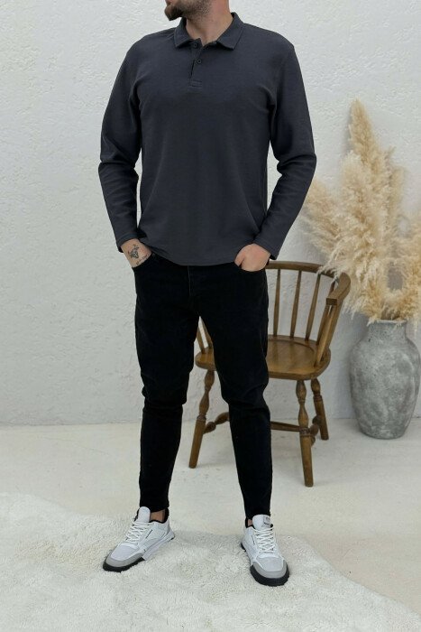 POLO NECK BUTTONS ONE COLOR MEN SWEATSHIRT GREY/GRI 