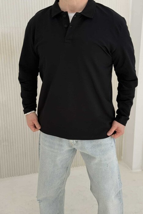POLO NECK BUTTONS SIMPLE MEN SWEATSHIRT BLACK/ E ZEZE - 1