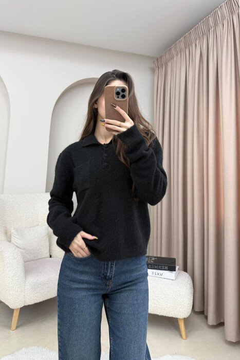 POLO NECK BUTTONS SINGLE POCKET WOMEN SWEATER BLACK/ E ZEZE - KLAUDIO FASHION