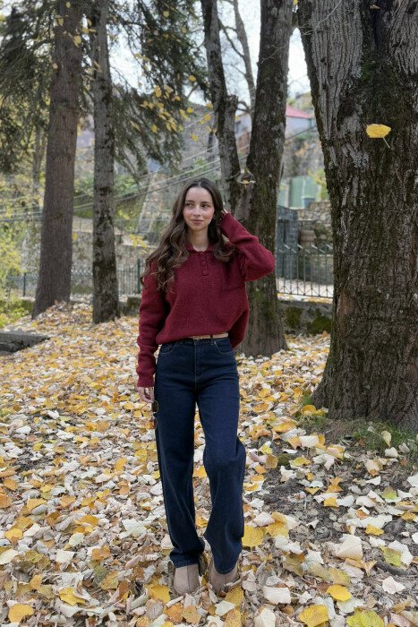 POLO NECK BUTTONS SINGLE POCKET WOMEN SWEATER BURGUNDY/VISHNJE - 4
