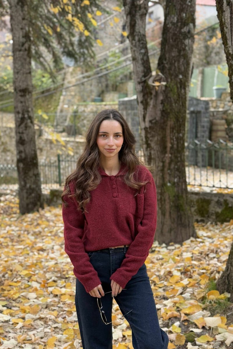 POLO NECK BUTTONS SINGLE POCKET WOMEN SWEATER BURGUNDY/VISHNJE - 1