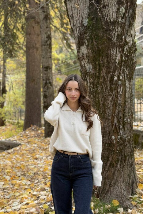 POLO NECK BUTTONS SINGLE POCKET WOMEN SWEATER CREAM/KREM - KLAUDIO FASHION