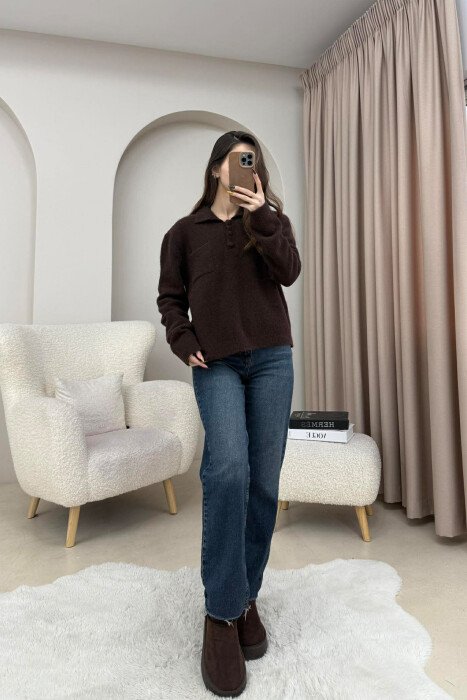 POLO NECK BUTTONS SINGLE POCKET WOMEN SWEATER DARK BROWN/KAE - KLAUDIO FASHION