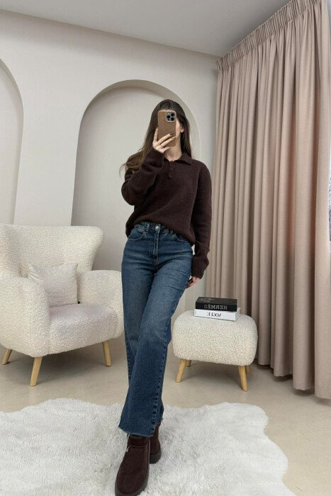 POLO NECK BUTTONS SINGLE POCKET WOMEN SWEATER DARK BROWN/KAE - 3