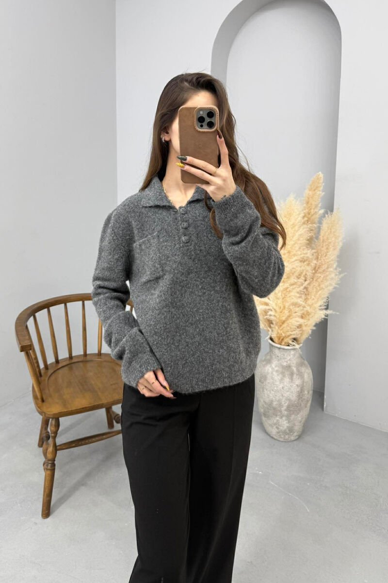 POLO NECK BUTTONS SINGLE POCKET WOMEN SWEATER GREY/GRI - 1