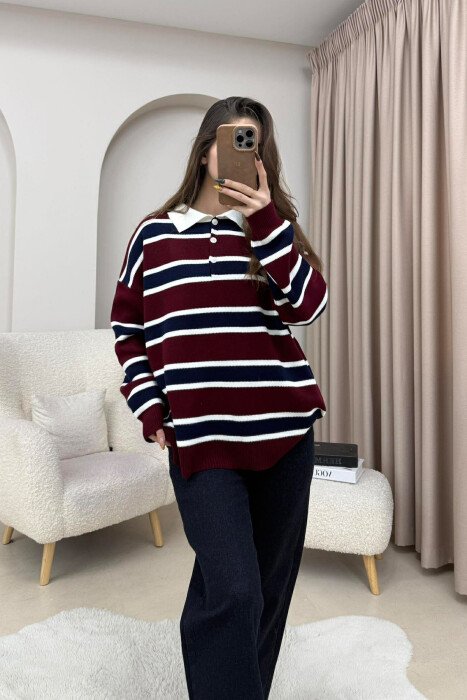 POLO NECK BUTTONS STRIPED WOMEN SWEATER BURGUNDY-BLUE/VISHNJE-BLU - 1