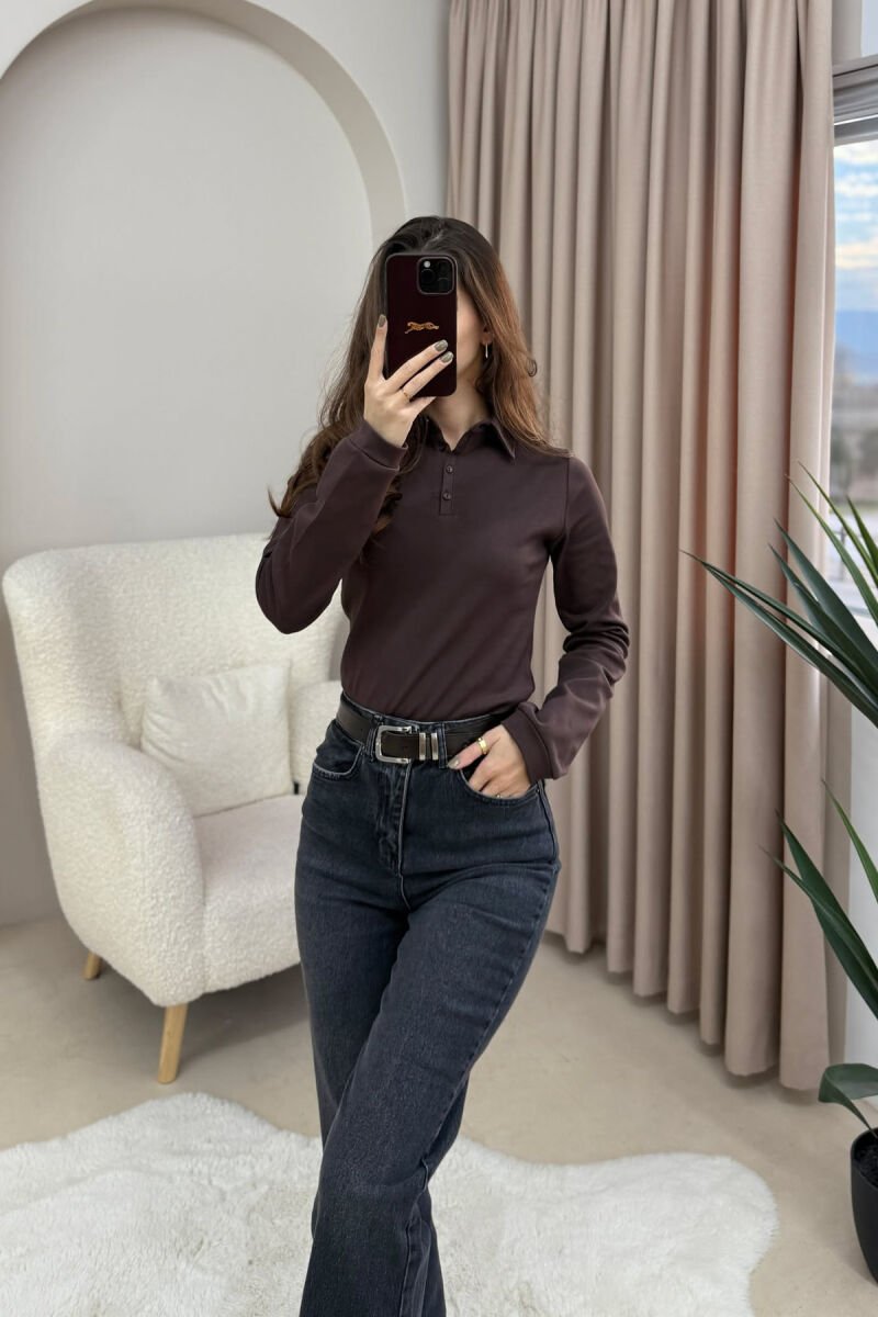 POLO NECK BUTTONS WOMEN SWEATSHIRT DARK BROWN/KAE - 1