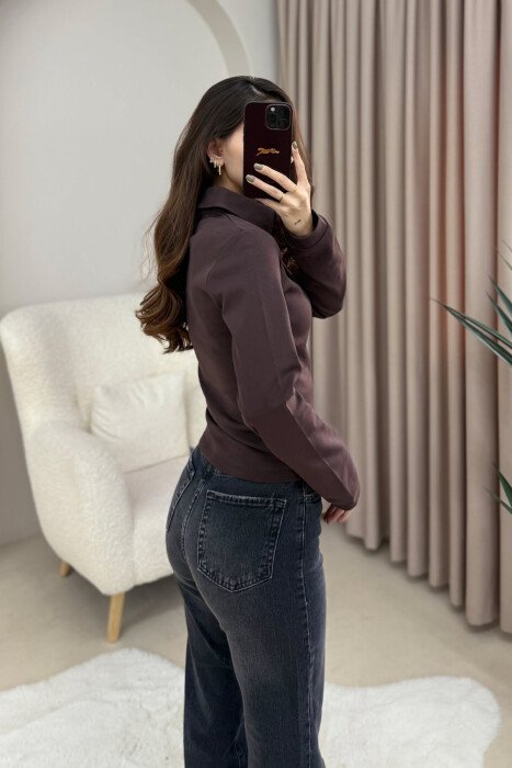 POLO NECK BUTTONS WOMEN SWEATSHIRT DARK BROWN/KAE - 2