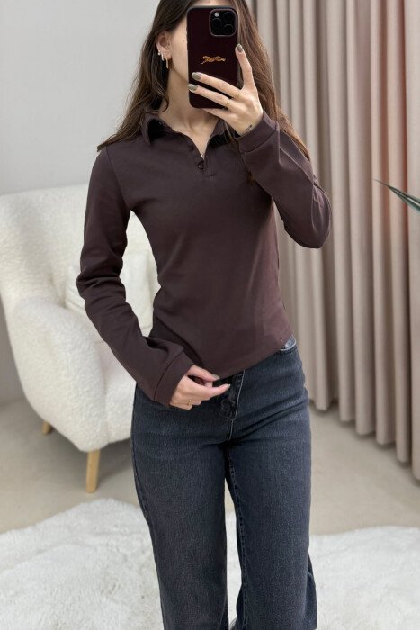 POLO NECK BUTTONS WOMEN SWEATSHIRT DARK BROWN/KAE - 4