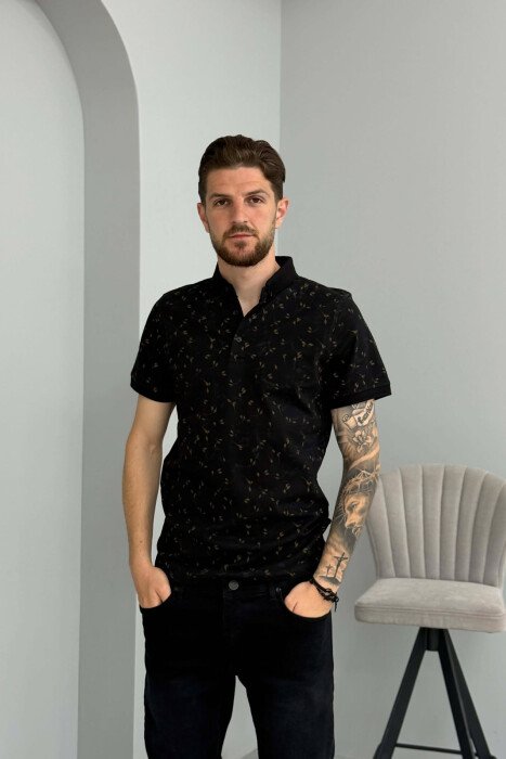POLO NECK DESIGNED MEN T-SHIRT BLACK/ E ZEZE - KLAUDIO FASHION