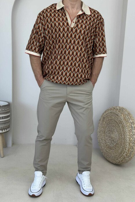 POLO NECK DESIGNED MEN T-SHIRT BROWN/KAFE - 1