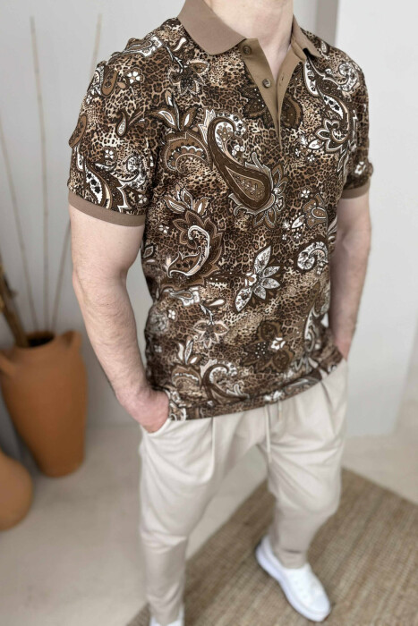 POLO NECK DESIGNED MEN T-SHIRT BROWN/KAFE - 2