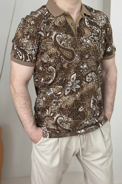 POLO NECK DESIGNED MEN T-SHIRT BROWN/KAFE - 4