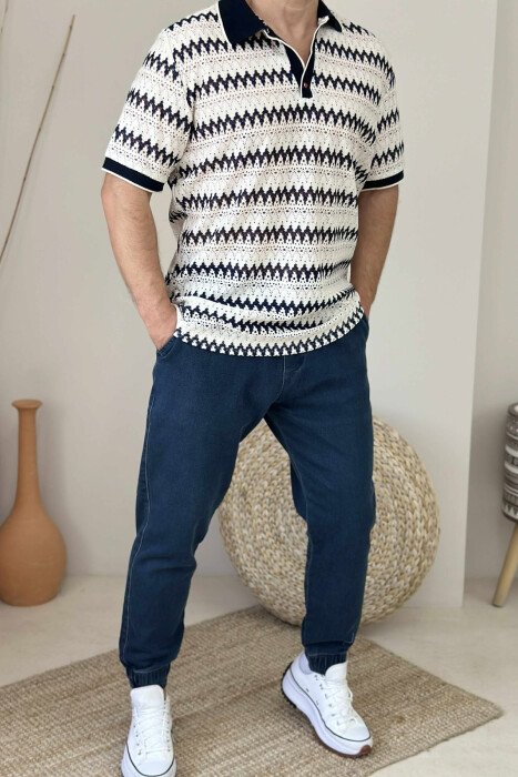 POLO NECK DESIGNED MEN T-SHIRT CREM+DARK BLUE/KREM+BLUE ERRET - KLAUDIO FASHION
