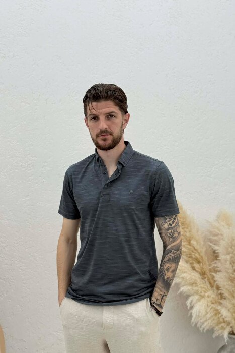 POLO NECK DESIGNED MEN T-SHIRT DARK GREY/GEE - 1