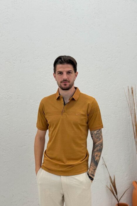 POLO NECK DESIGNED MEN T-SHIRT LIGHT BROWN/KAZB - KLAUDIO FASHION