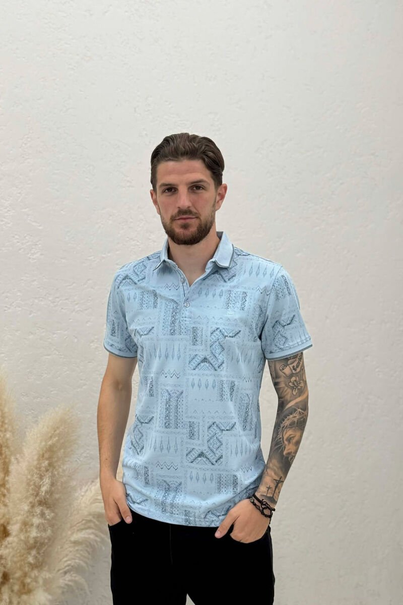 POLO NECK DESIGNED MEN T-SHIRT LIGHTBLUE/BZ - 1