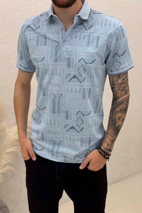 POLO NECK DESIGNED MEN T-SHIRT LIGHTBLUE/BZ - 2