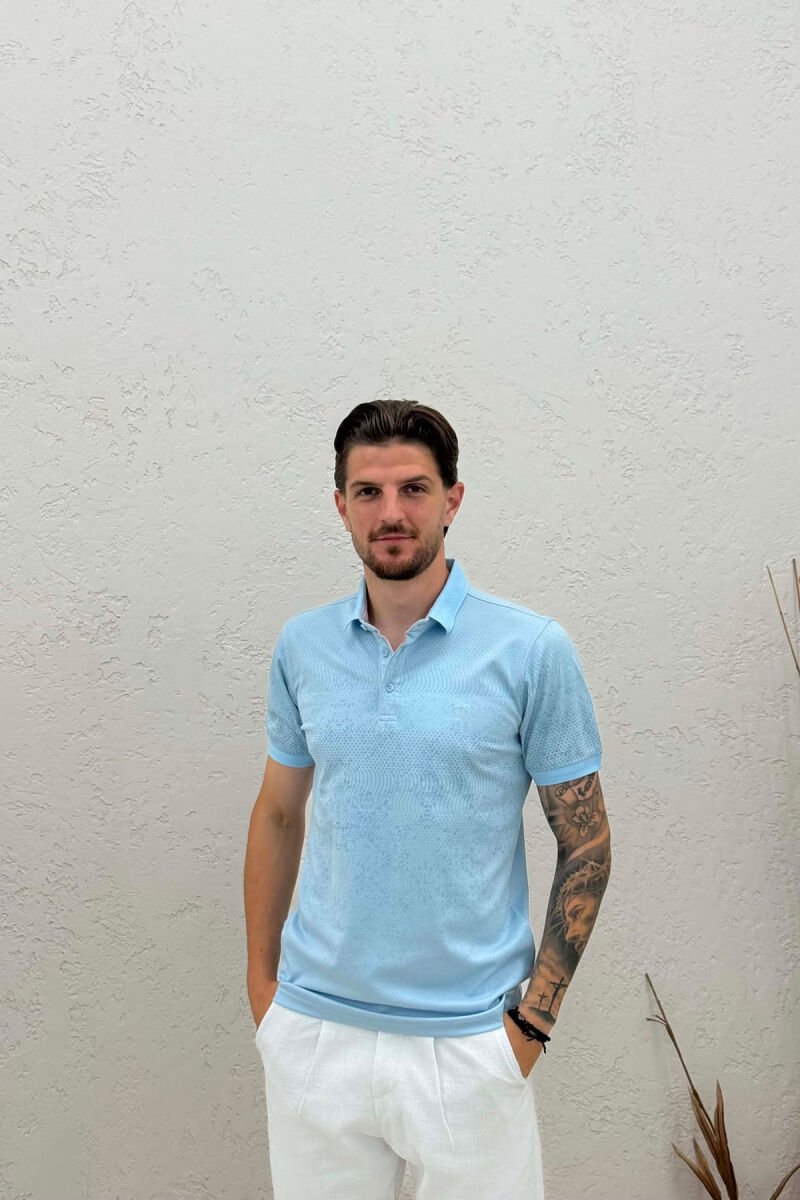 POLO NECK DESIGNED MEN T-SHIRT LIGHTBLUE/BZ - 1