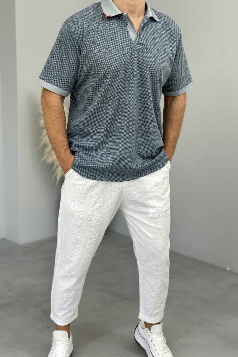 POLO NECK DESIGNED MEN T-SHIRT LIGHTBLUE/BZ - 1
