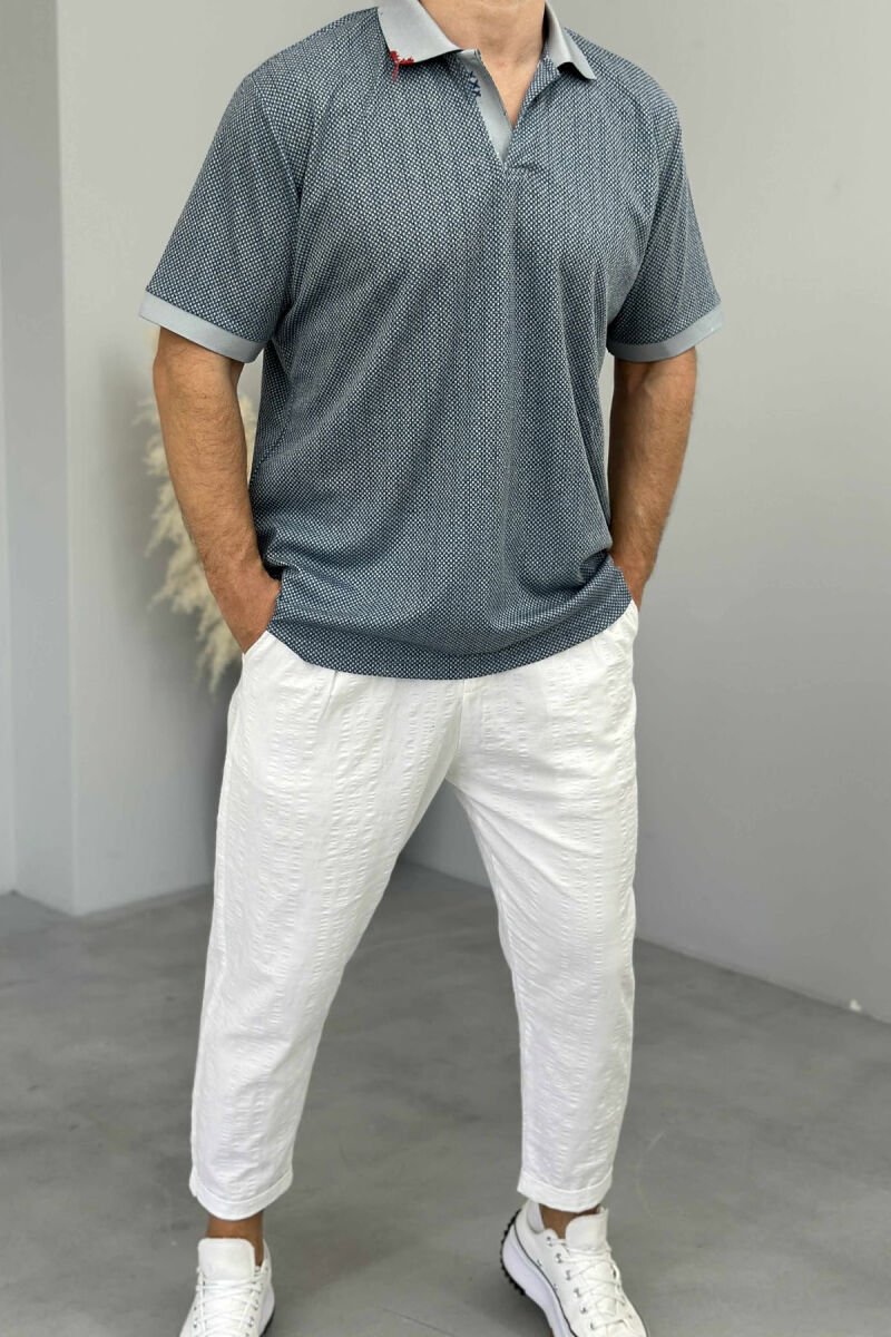 POLO NECK DESIGNED MEN T-SHIRT LIGHTBLUE/BZ - 1