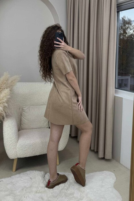 POLO NECK DETAIL SHORT SLEEVES WOMEN DRESS BEIGE/BEZHE - 4