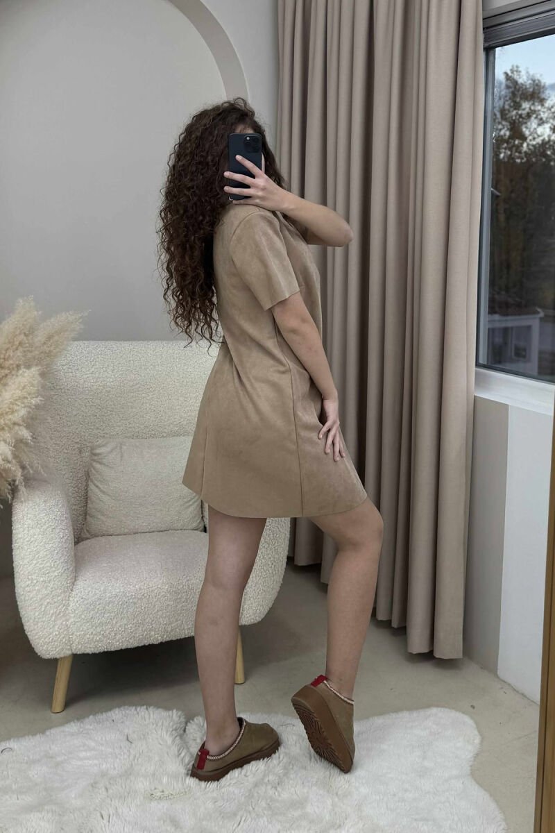 POLO NECK DETAIL SHORT SLEEVES WOMEN DRESS BEIGE/BEZHE - 4