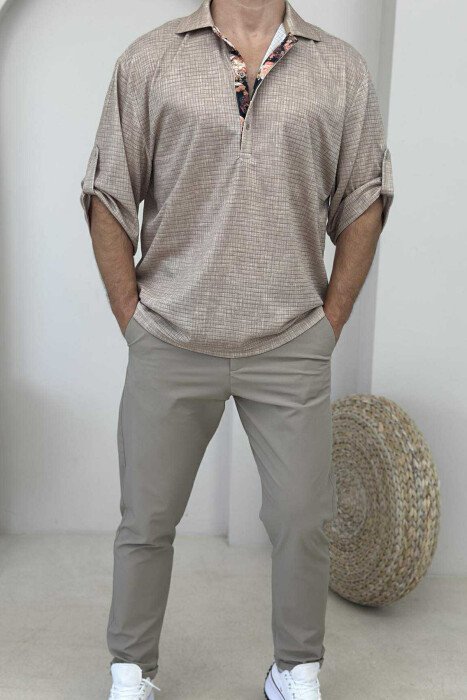 POLO NECK DETAILS MEN T-SHIRT BEIGE/BEZHE - 1