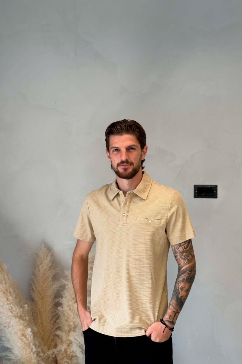 POLO NECK FRONT POCKET MEN T-SHIRT BEIGE/BEZHE - 1
