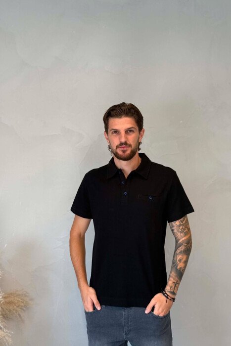 POLO NECK FRONT POCKET MEN T-SHIRT BLACK/ E ZEZE - KLAUDIO FASHION