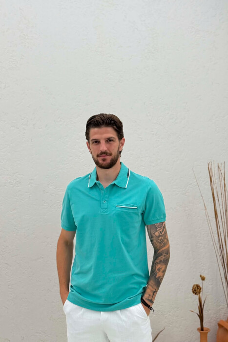 POLO NECK FRONT POCKET MEN T-SHIRT BLUE STONE/GK 