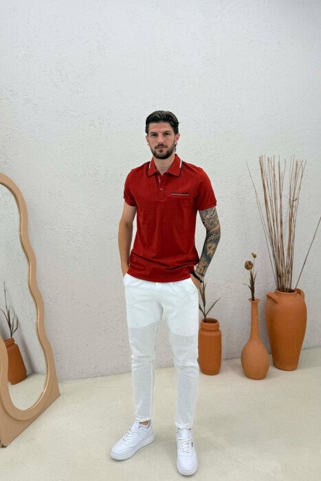 POLO NECK FRONT POCKET MEN T-SHIRT BRICK/TULLE - 3