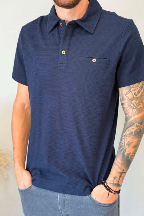 POLO NECK FRONT POCKET MEN T-SHIRT DARK BLUE/BEE - 4