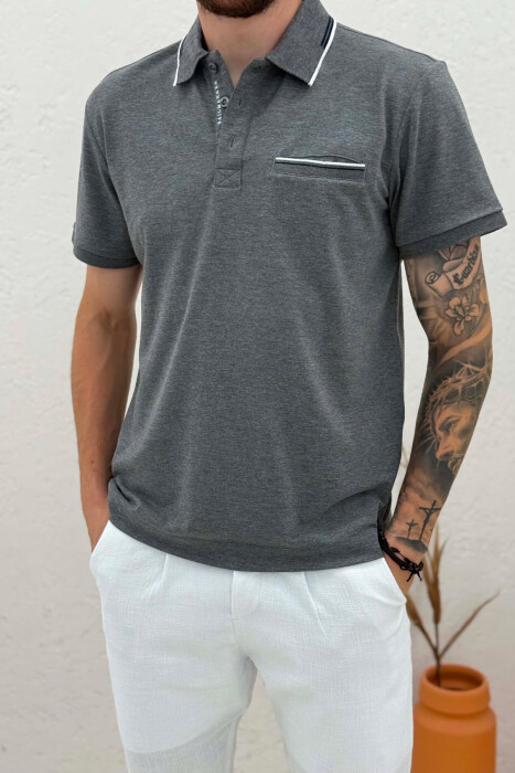 POLO NECK FRONT POCKET MEN T-SHIRT DARK GREY/GEE - 4
