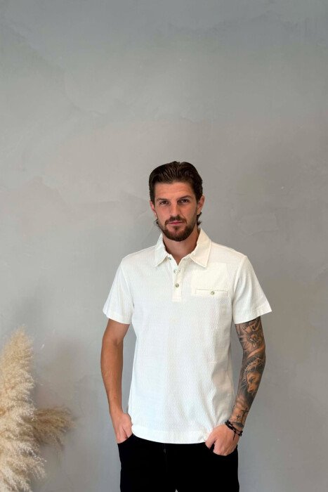 POLO NECK FRONT POCKET MEN T-SHIRT WHITE-E BARDHE - KLAUDIO FASHION