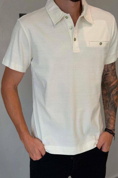 POLO NECK FRONT POCKET MEN T-SHIRT WHITE-E BARDHE - 4