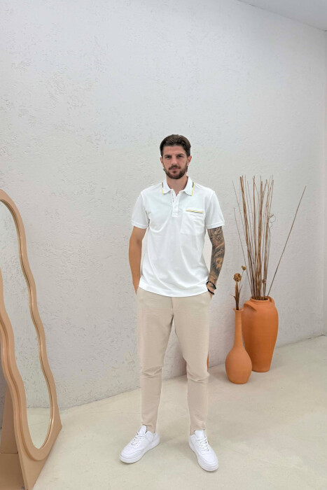 POLO NECK FRONT POCKET MEN T-SHIRT WHITE-E BARDHE - 3