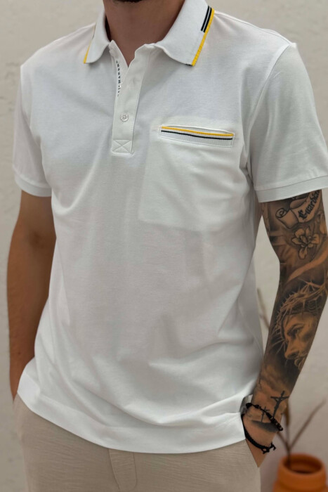 POLO NECK FRONT POCKET MEN T-SHIRT WHITE-E BARDHE - 4
