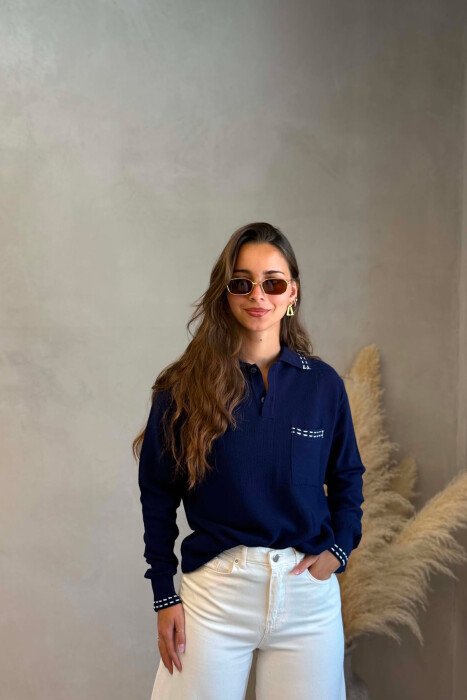 POLO NECK FRONT POCKET WOMAN SWEATER BLUE/BLU - KLAUDIO FASHION