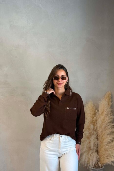 POLO NECK FRONT POCKET WOMAN SWEATER BROWN/KAFE - KLAUDIO FASHION