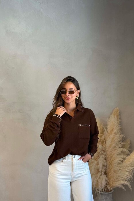 POLO NECK FRONT POCKET WOMAN SWEATER BROWN/KAFE - 4