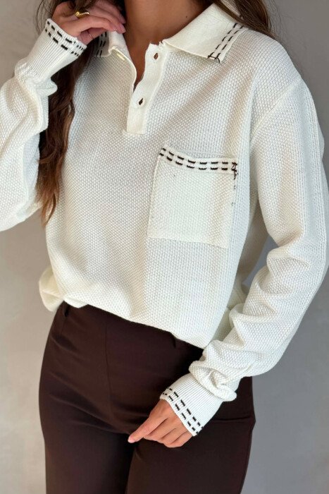 POLO NECK FRONT POCKET WOMAN SWEATER CREAM/KREM - 4